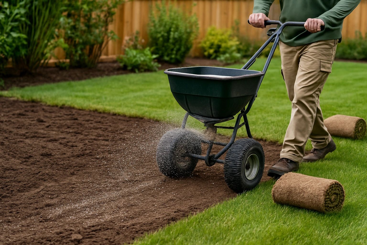 Spreading fertilizer on prepared soil before laying new sod
